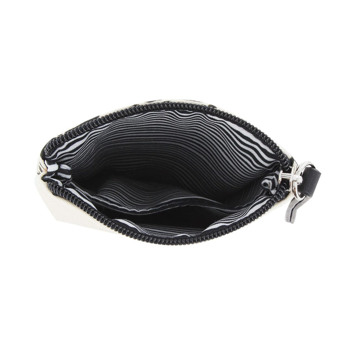 Brighton pouch shown open with black and white striped interior lining and zipper closure on a white background