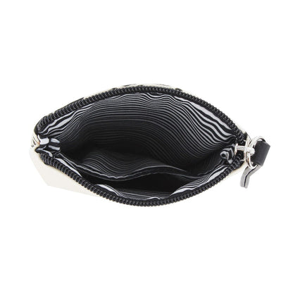 Brighton pouch shown open with black and white striped interior lining and zipper closure on a white background