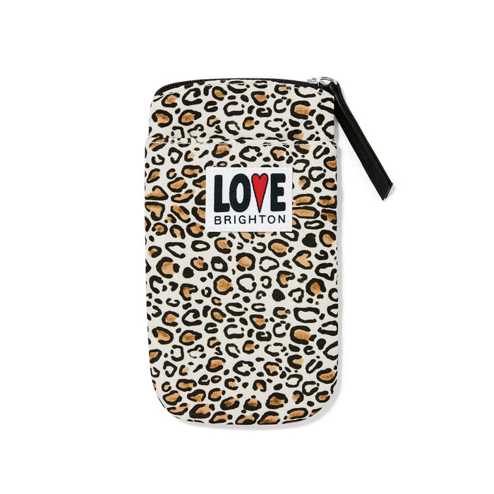 Brighton pouch with leopard print, black zipper pull, and Love Brighton logo patch on a white background