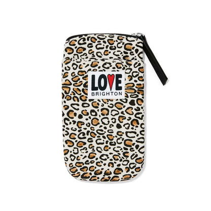 Brighton pouch with leopard print, black zipper pull, and Love Brighton logo patch on a white background