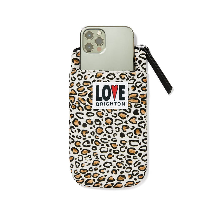 Brighton phone pouch with leopard print, Love Brighton patch, and black wristlet strap on a white background