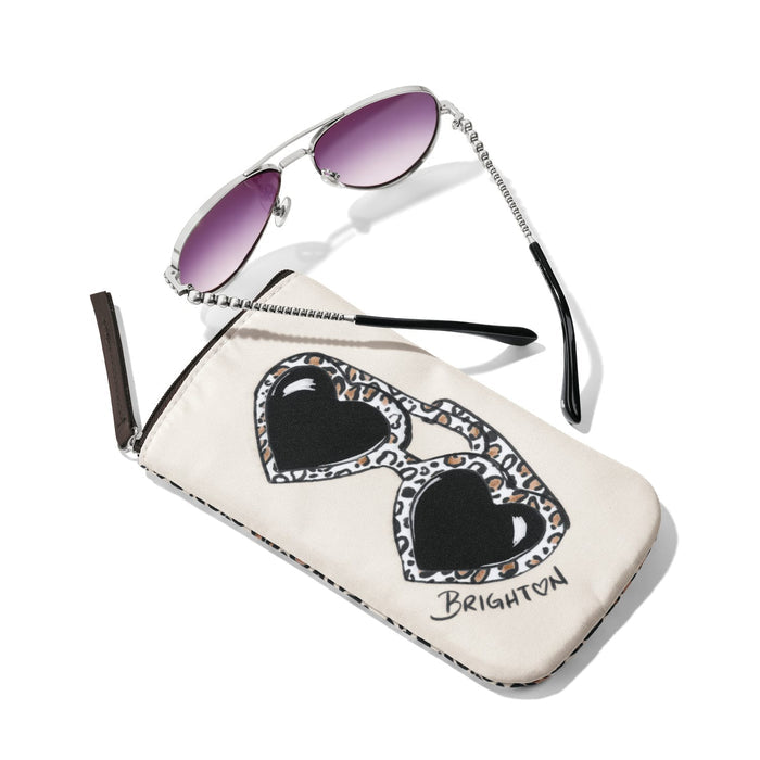 Brighton aviator sunglasses styled with a heart-shaped sunglasses print pouch featuring leopard trim and beaded temples