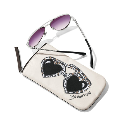 Brighton aviator sunglasses styled with a heart-shaped sunglasses print pouch featuring leopard trim and beaded temples