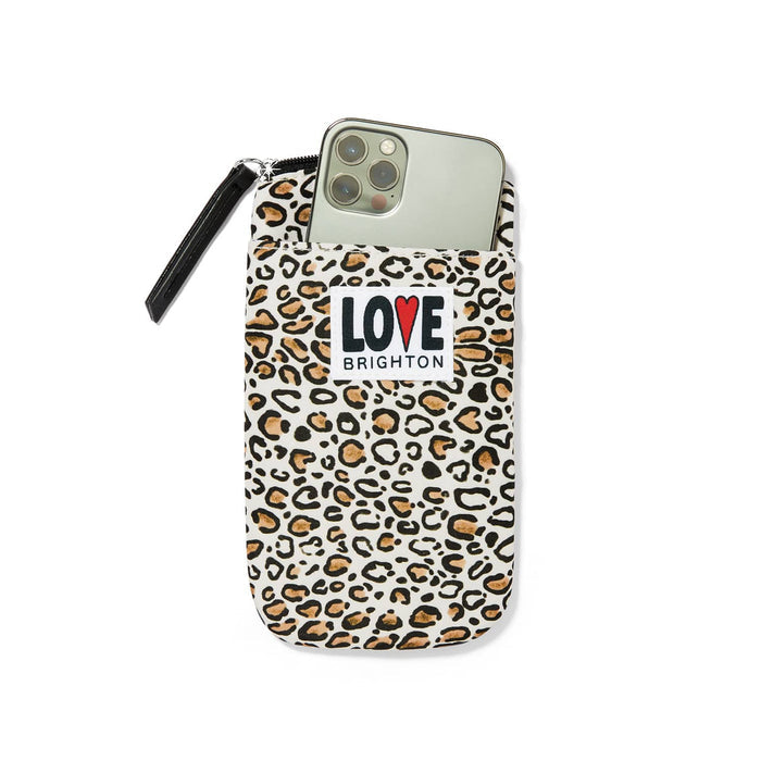 Brighton phone pouch with leopard print, black wristlet strap, and Love Brighton label patch on a white background
