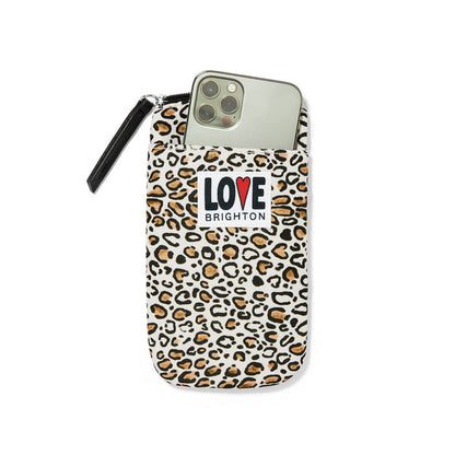 Brighton phone pouch with leopard print, black wristlet strap, and Love Brighton label patch on a white background