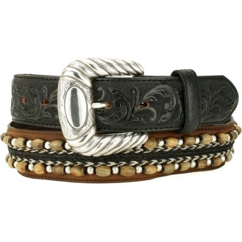 Brighton black leather belt with tooled scrollwork, ornate silver-tone buckle, and beaded braided edging on a white background
