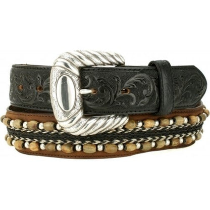 Brighton black leather belt with tooled scrollwork, ornate silver-tone buckle, and beaded braided edging on a white background