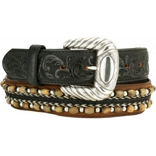 Brighton tooled leather belt with silver-tone rope buckle, braided horsehair, and wooden beaded accents on a white background