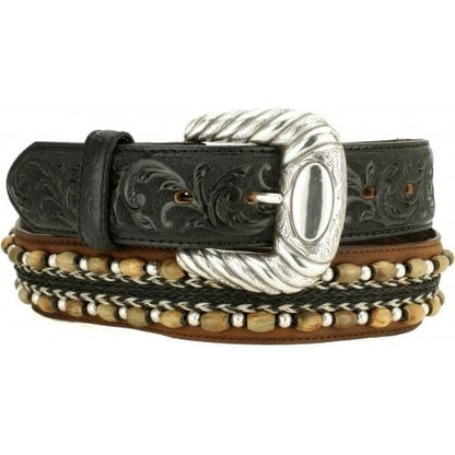 Brighton tooled leather belt with silver-tone rope buckle, braided horsehair, and wooden beaded accents on a white background