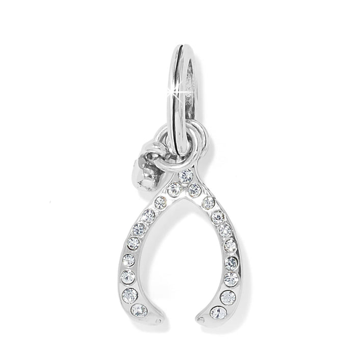 Brighton wishbone charm with silver-plated finish and pavé crystal accents along the curved sides on a white background