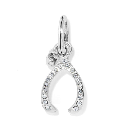 Brighton wishbone charm with silver-plated finish and pavé crystal accents along the curved sides on a white background