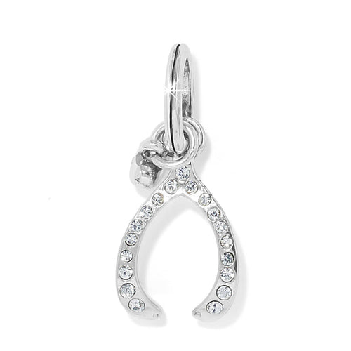 Brighton wishbone charm with silver-plated finish and pavé crystal accents along the curved sides on a white background