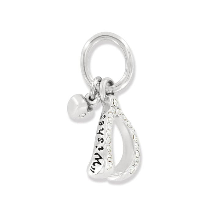 Brighton wishbone charm with silver-plated finish, crystal accents, engraved Wishes detail, and heart charm on a white background