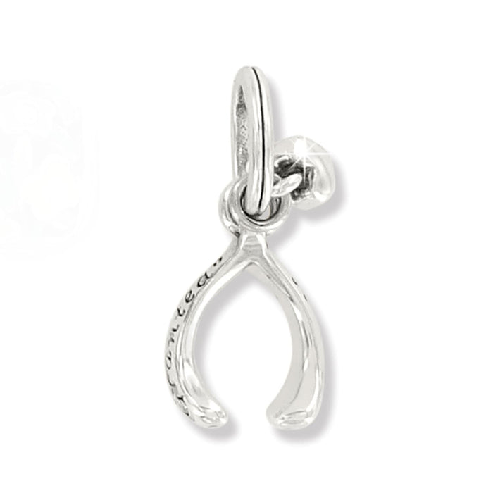 Brighton wishbone charm with silver-plated finish and engraved script detail along one side on a white background