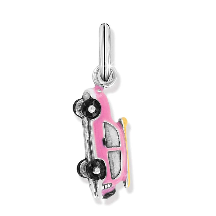 Brighton car charm with pink enamel body, black wheels, and silver-plated finish on a white background