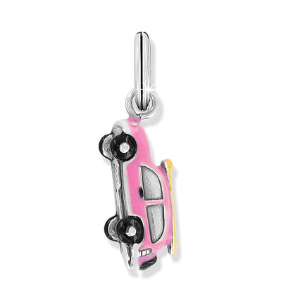 Brighton car charm with pink enamel body, black wheels, and silver-plated finish on a white background