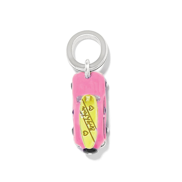 Brighton car charm with pink enamel body, yellow surfboard top, and silver-plated ring on a white background