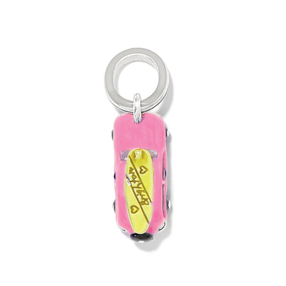 Brighton car charm with pink enamel body, yellow surfboard top, and silver-plated ring on a white background