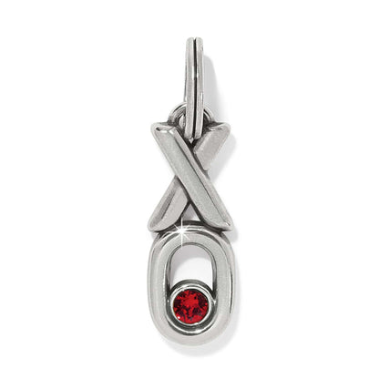 Brighton silver-plated charm with XO design and red crystal accent in the O on a white background