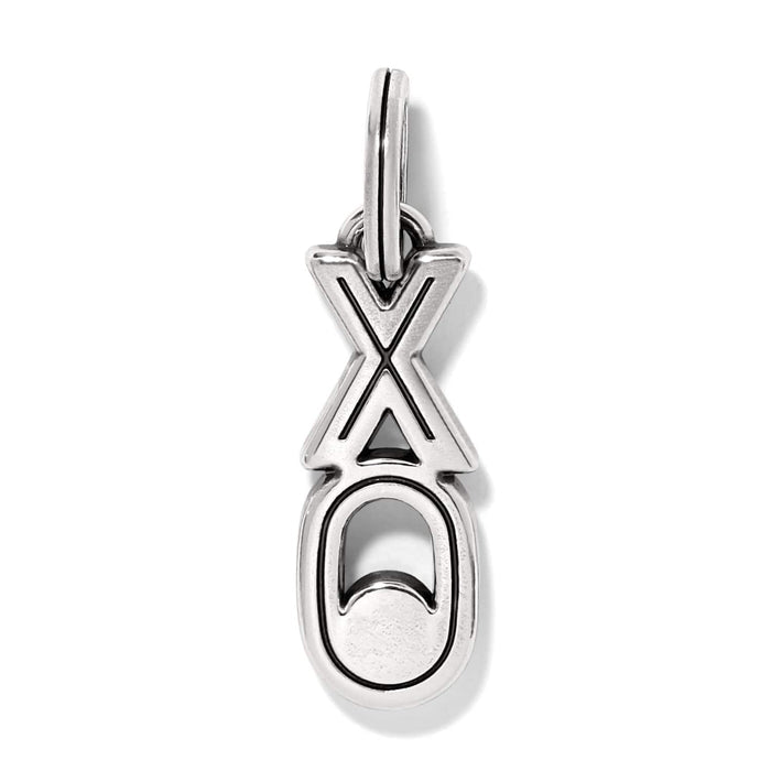 Brighton XO charm with silver-plated finish and black enamel detailing hanging from a jump ring on a white background