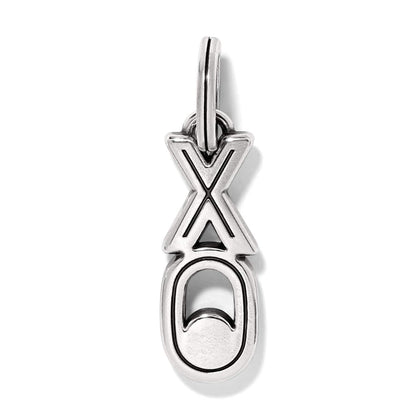 Brighton XO charm with silver-plated finish and black enamel detailing hanging from a jump ring on a white background